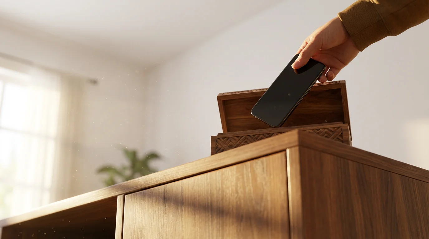 Hand placing a smartphone into a wooden box on a table during a sunny morning.