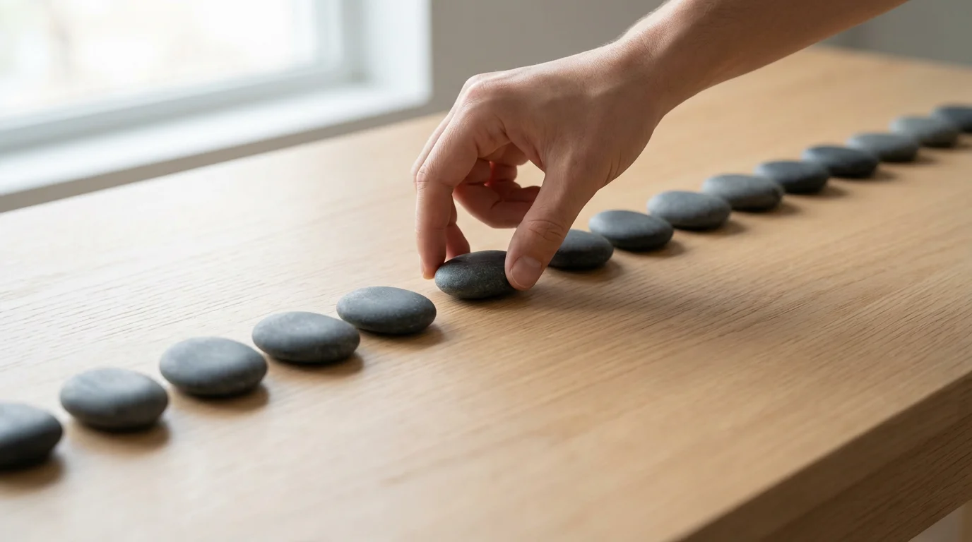Hand placing a stone to restart a habit streak on a minimalist wooden table.