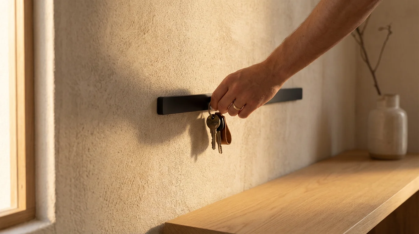 Hand placing car keys on a sleek magnetic organizational hook during warm golden hour light.