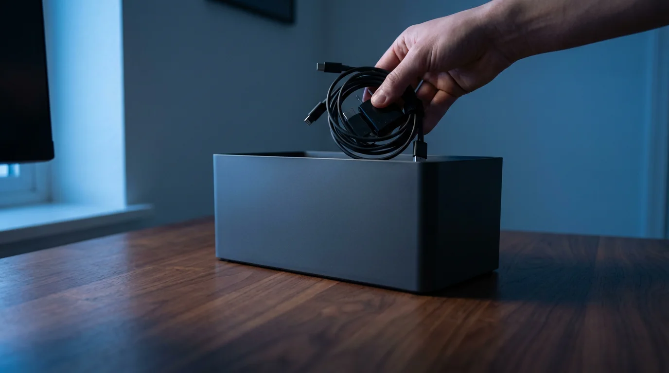 Hand placing old tech cables into an intentional storage box on a desk at blue hour.