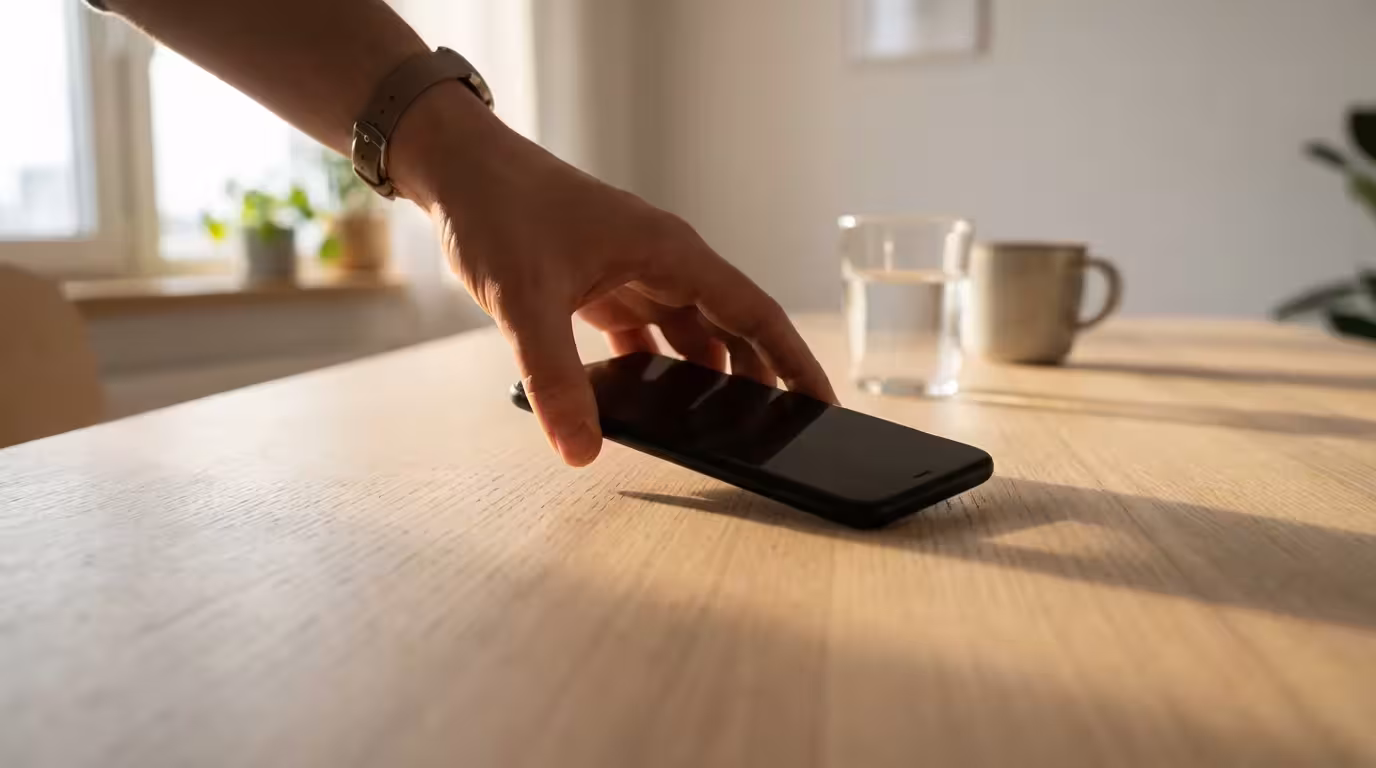 Hand placing smartphone face down on a desk to minimize distractions and focus.