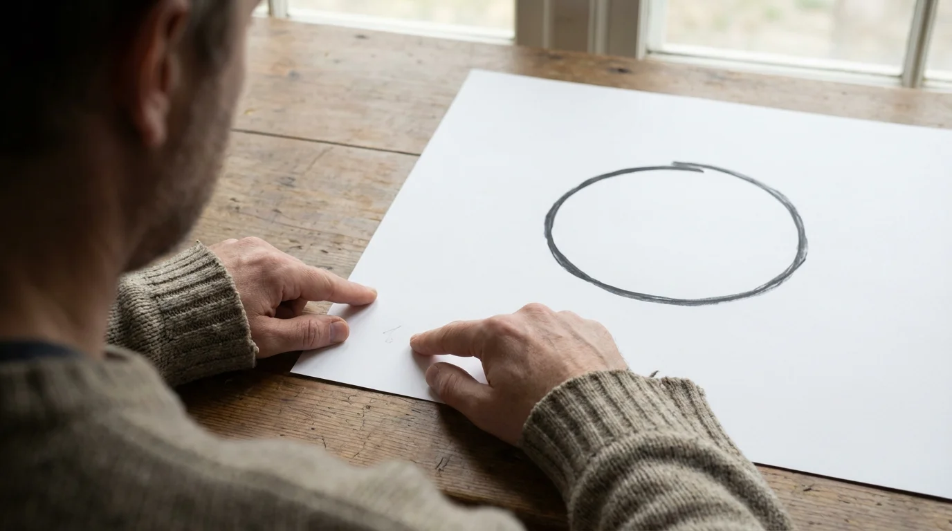 Hand pointing at tiny progress mark next to a massive, overwhelming goal drawing on paper.