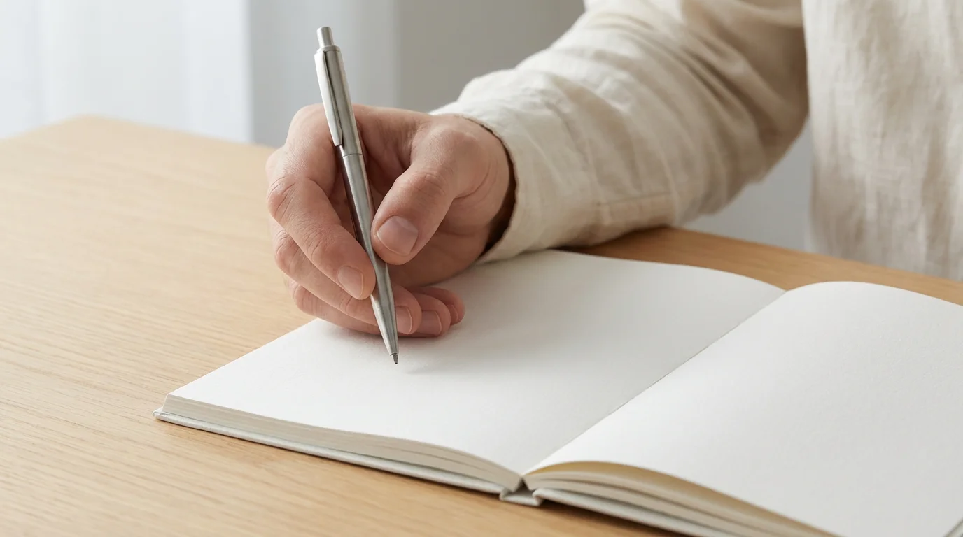Hand poised to write morning goal and 'why' in a minimalist journal on a clean wooden desk.
