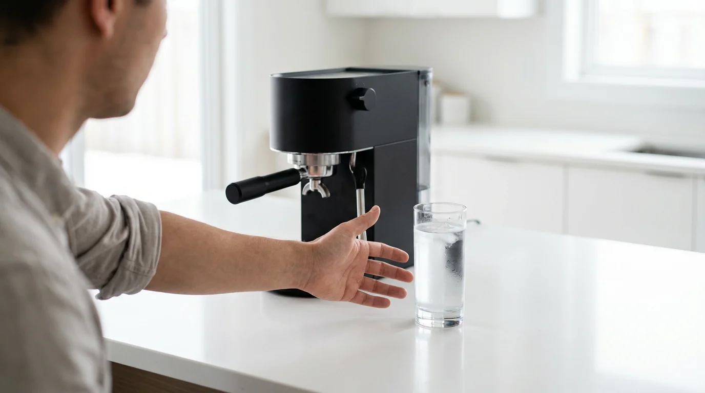 Hand reaching for a glass of water placed immediately next to an espresso machine as a visual cue.