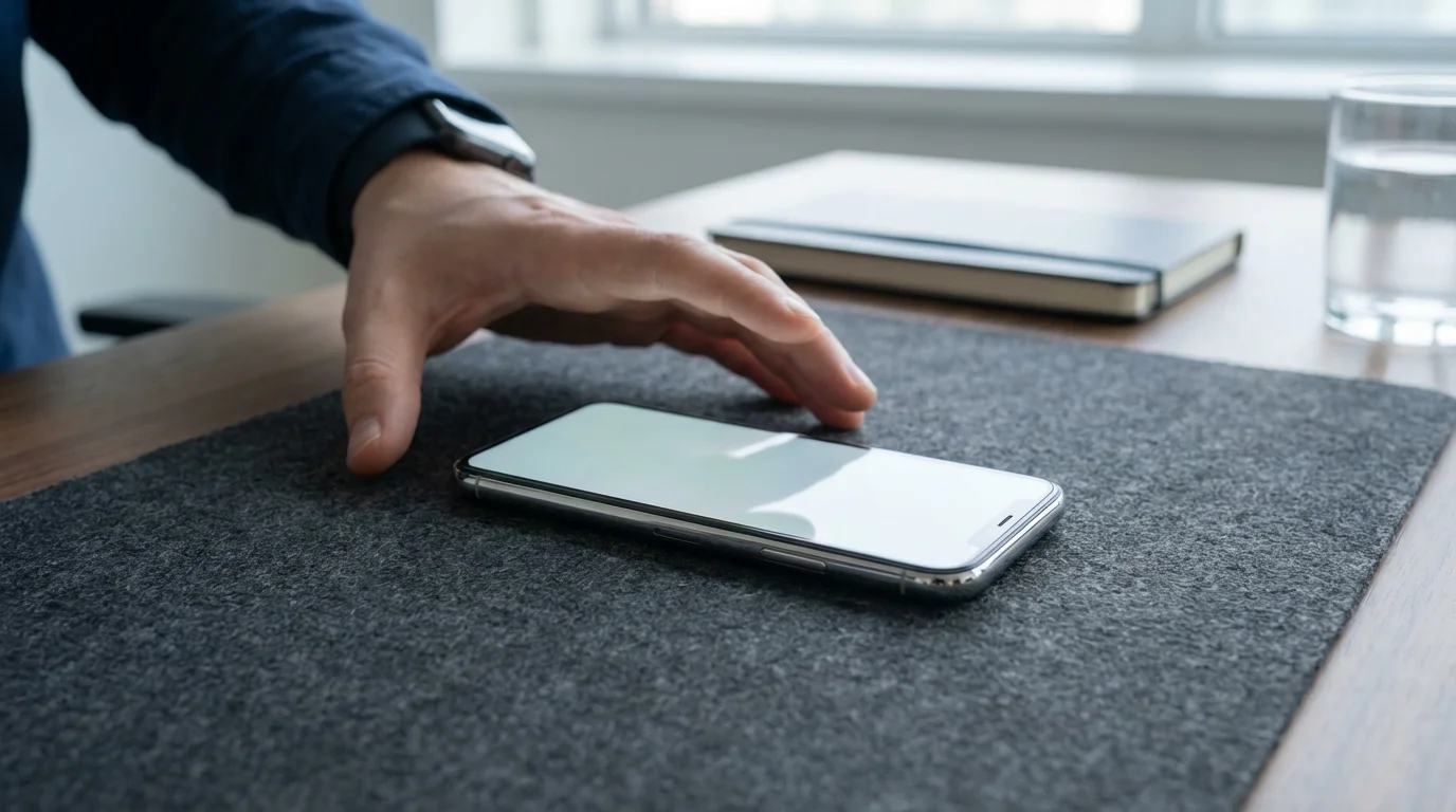 Hand reaching for glowing smartphone on desk representing urgent digital distractions.