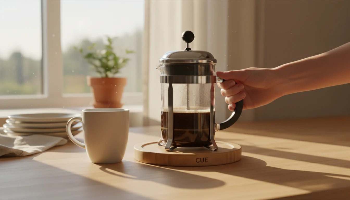 A hand reaching for a French press next to a coffee mug on a bright, minimalist kitchen counter.