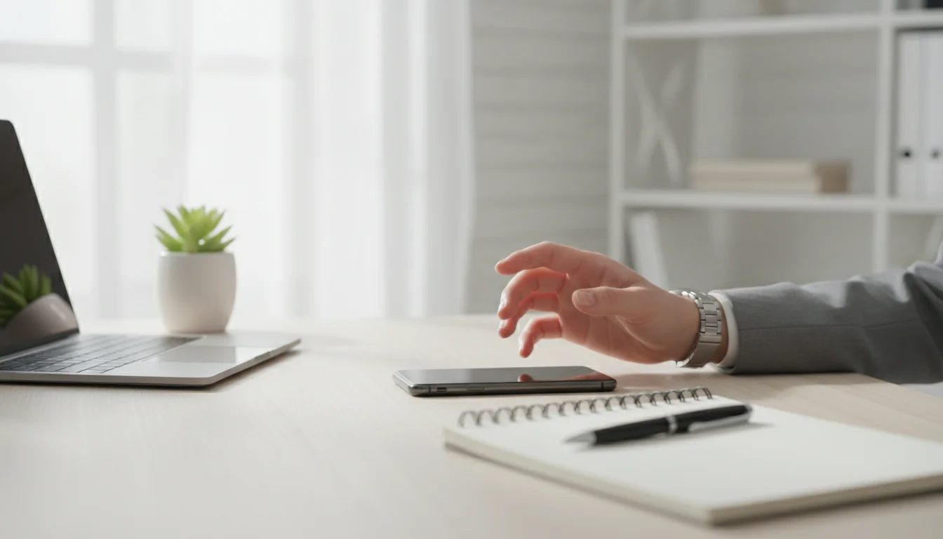 Hand reaching for phone on organized minimalist desk with laptop, plant, and notebook in a bright home office.