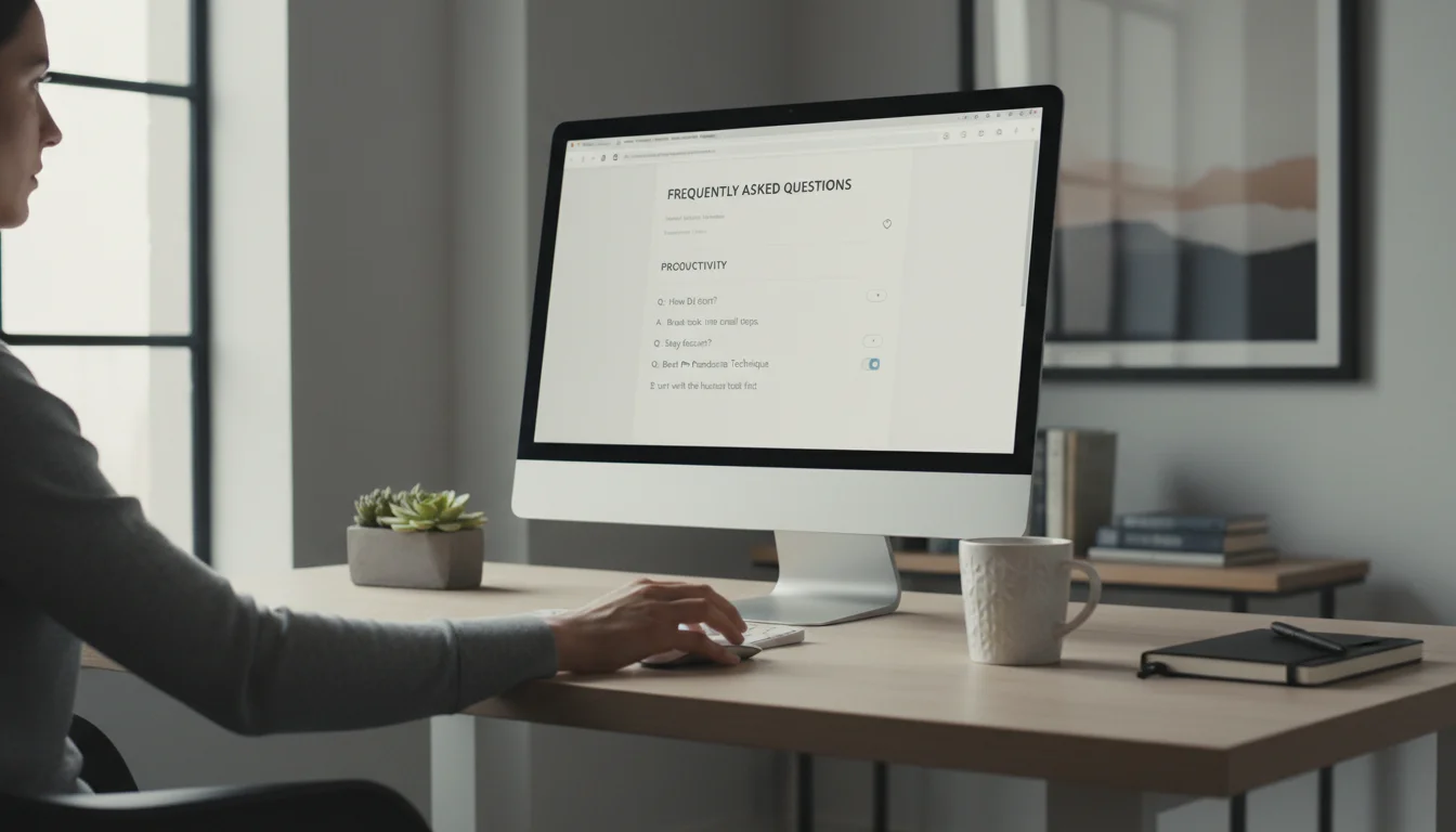 A hand rests on a mouse at a minimalist desk. A monitor displays a clean Notion-style FAQ page on productivity and self-improvement.
