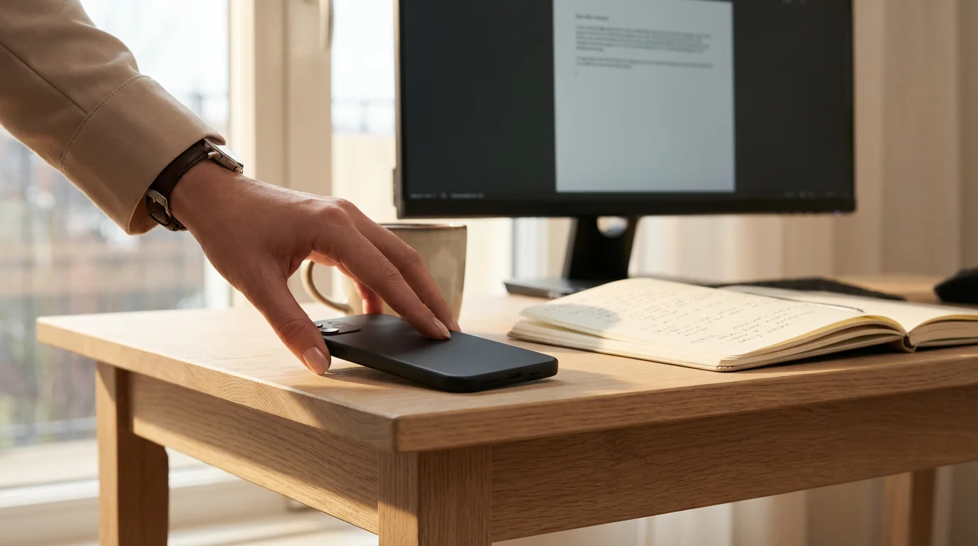 Hand setting smartphone face-down on a desk to begin monotasking deep work.