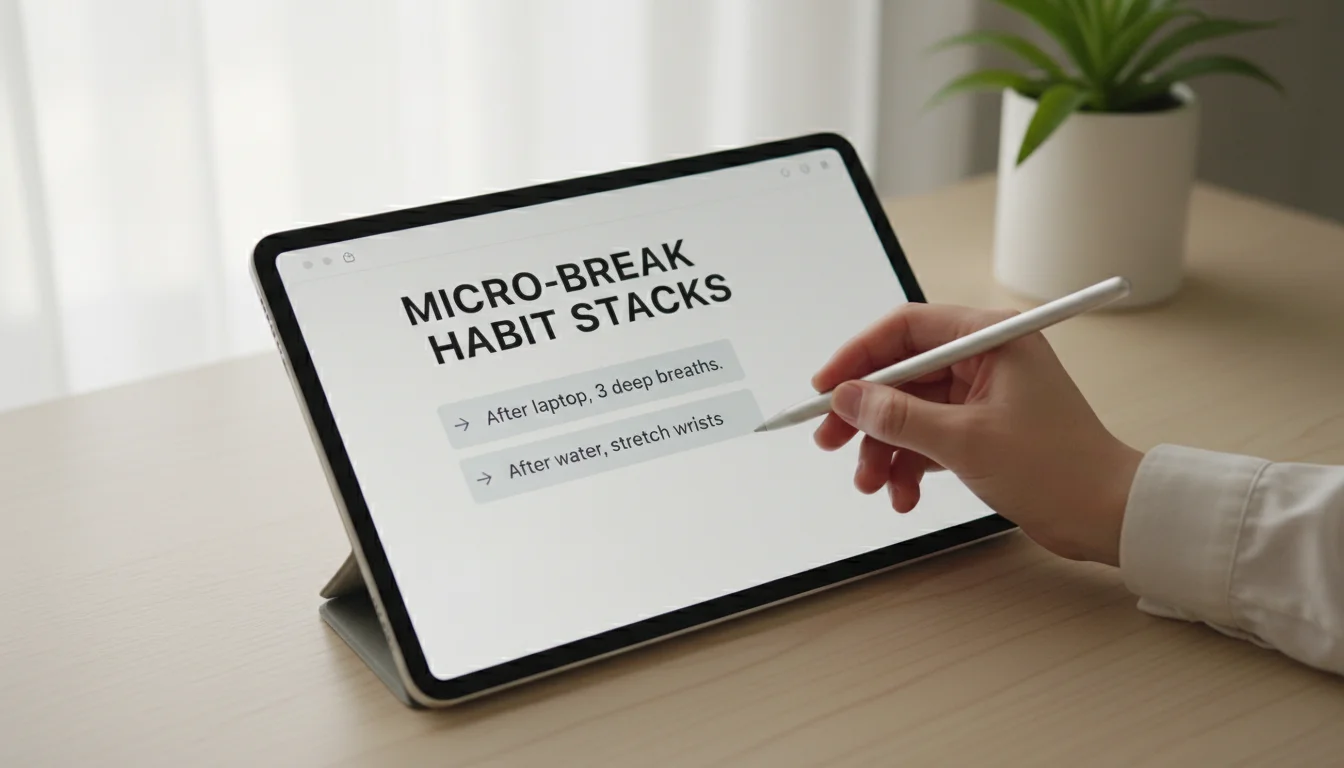 A hand with a stylus interacts with a tablet showing a digital planner with micro-break habit stacks on a light wood desk.