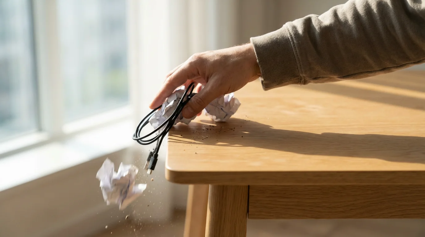 Hand sweeping clutter off a desk, visually representing the act of making space for a new goal.