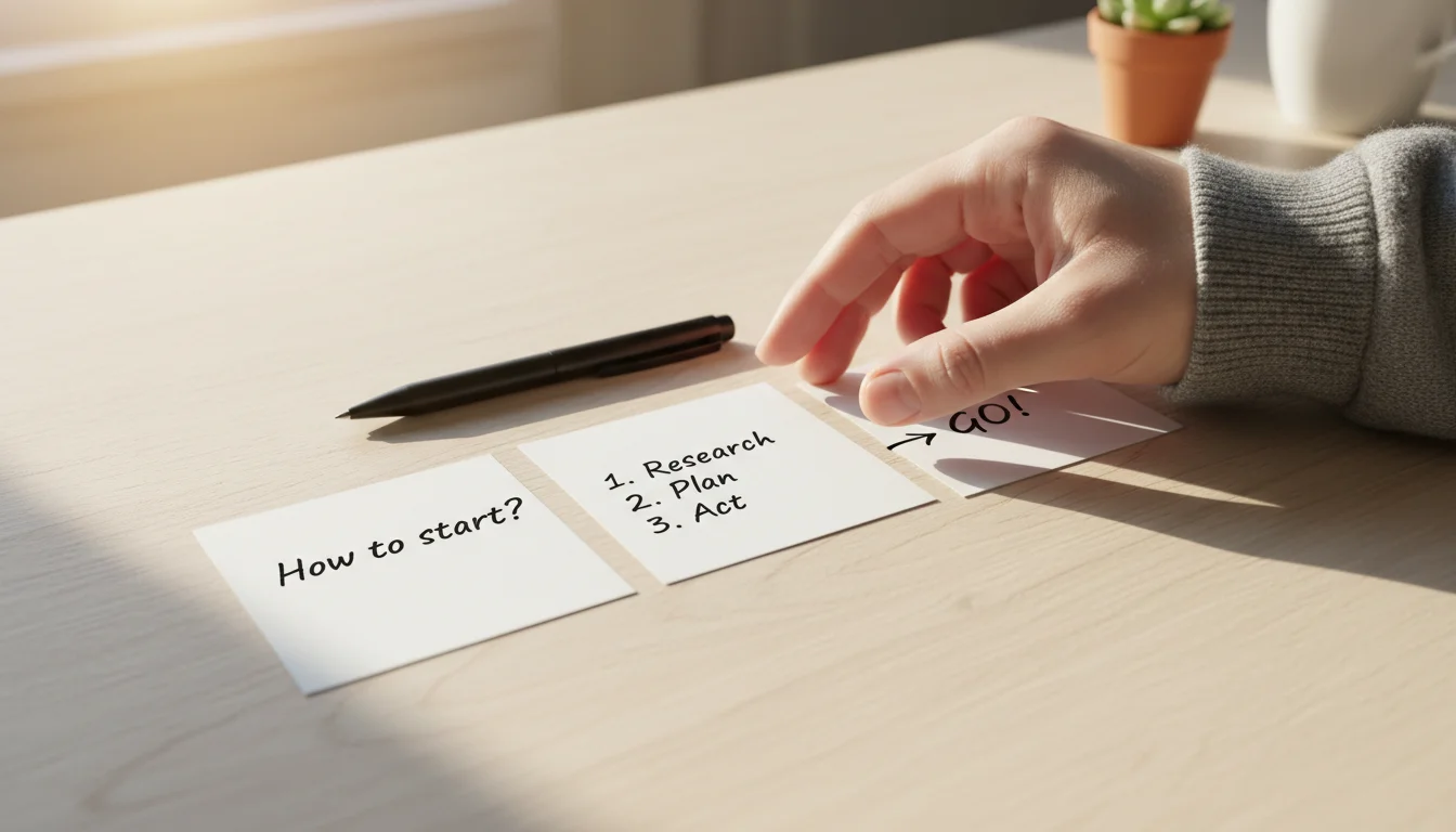 A hand taps organized white index cards with handwritten questions and answers on a minimalist light wood desk, next to a pen and book.