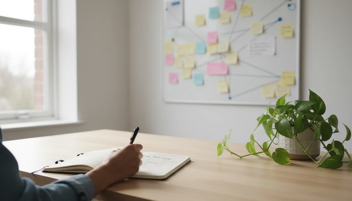 A hand writes a small task in a planner on a clean desk, with a large, complex project board blurred in the background.