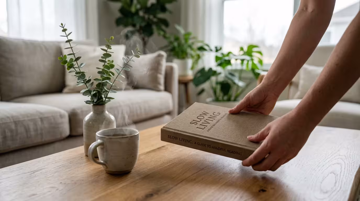 Hands arranging books and tea on a coffee table in a screen-free living room.
