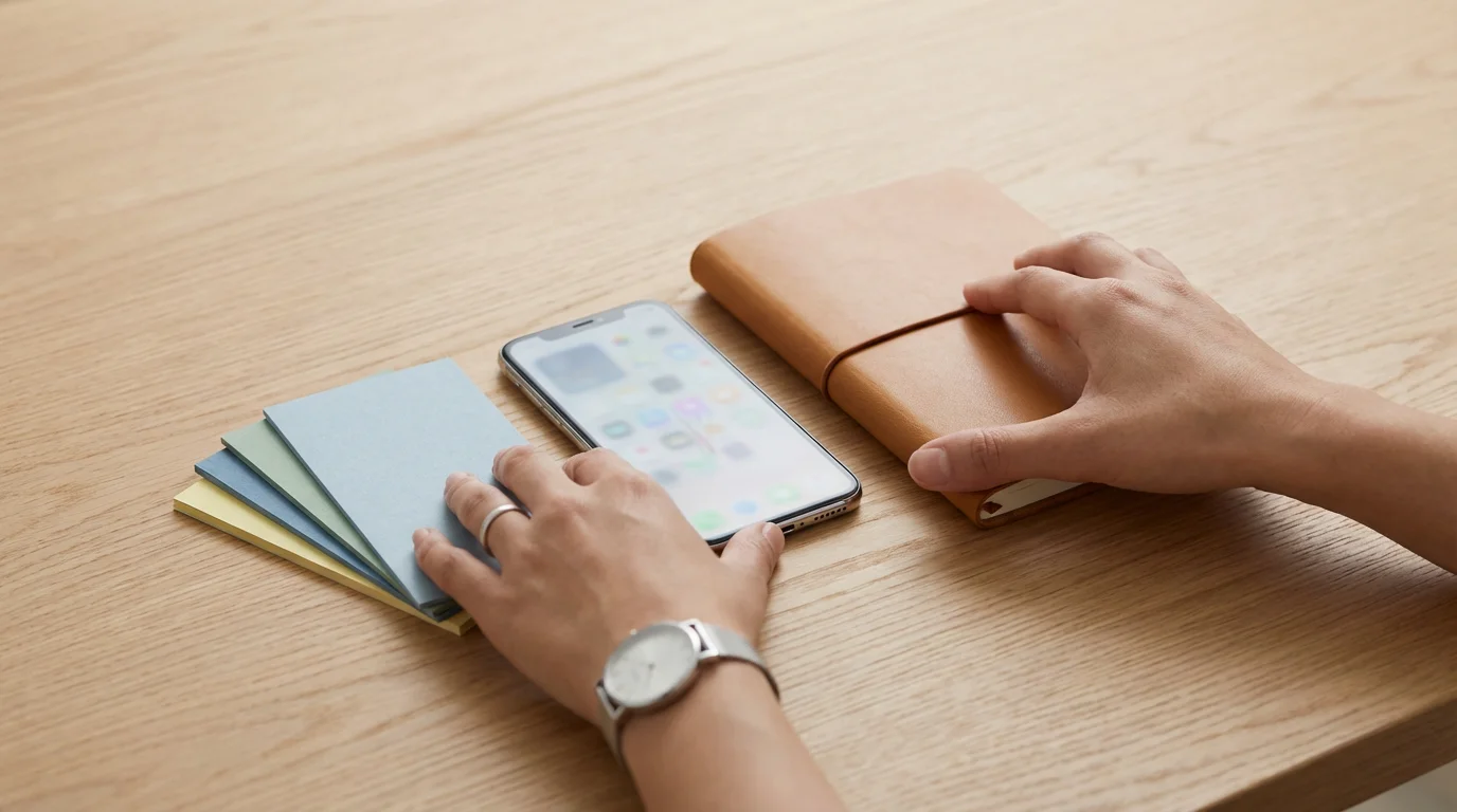 Hands arranging diverse tools (smartphone, index cards, notebook) to build a personalized productivity system.