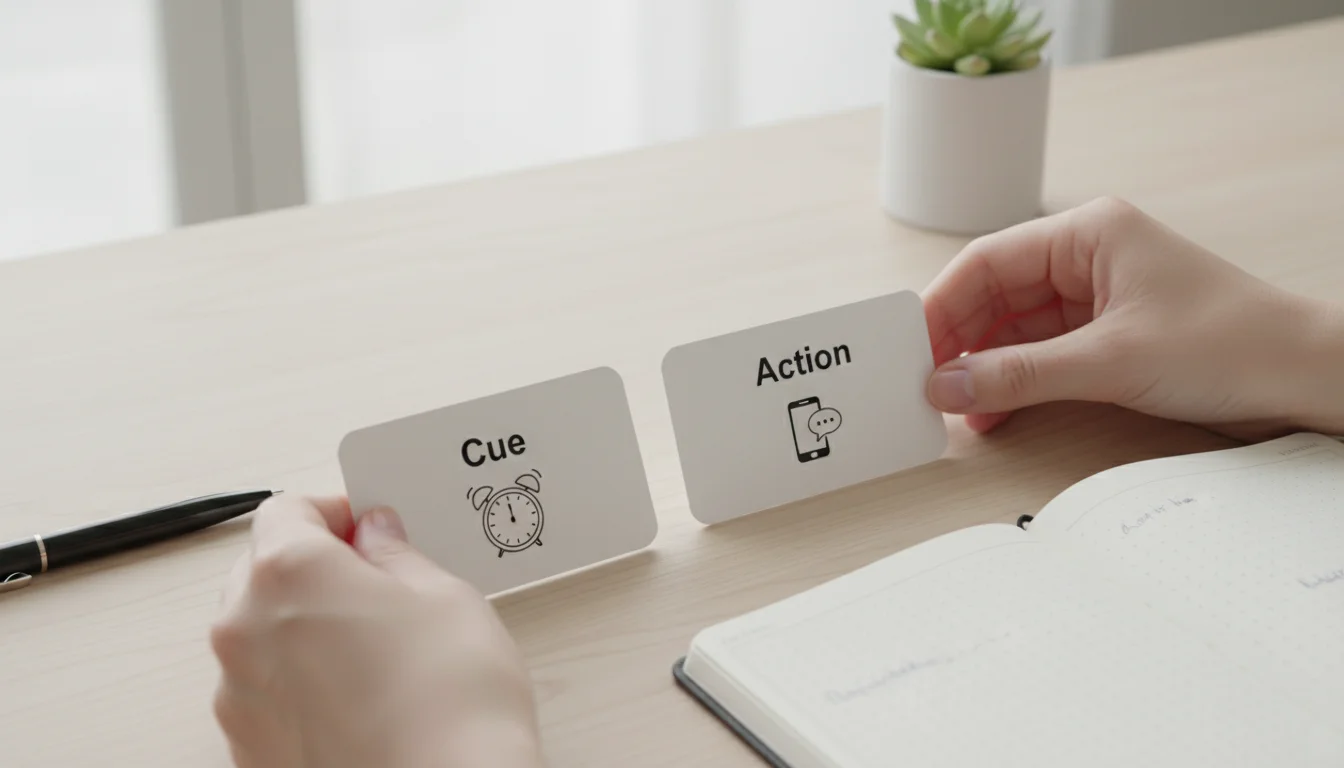 Hands arranging index cards labeled 'Cue' and 'Action' on a neat desk next to a notebook.