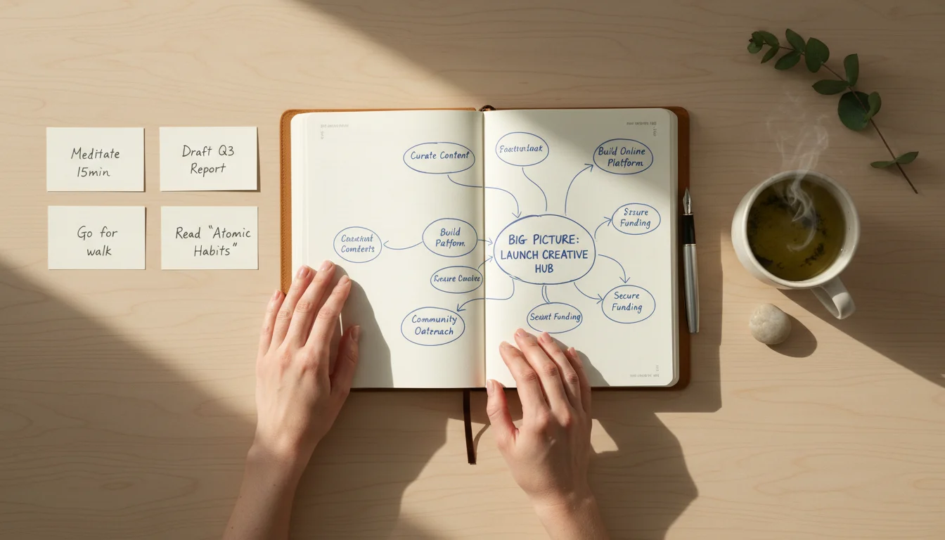 Hands arranging small task cards next to an open journal on a clean wooden desk, with a mug of tea.