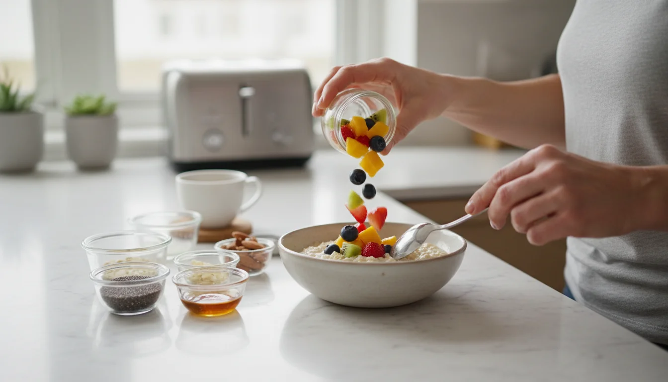 Hands assembling a pre-prepped breakfast of overnight oats and fruit on a clean, light-colored kitchen counter.