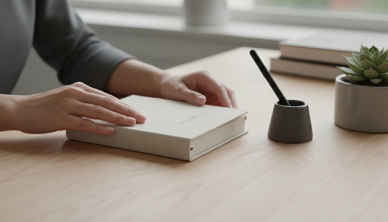 Hands closing a journal, then reaching for a pen on a planner with a checked task on a light wood desk.