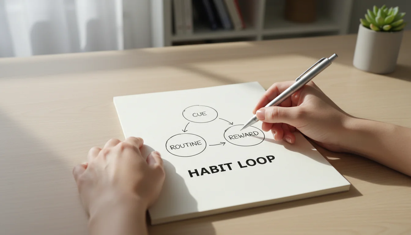 Hands drawing a three-step habit loop diagram in a notebook on a clean desk, bathed in natural light.
