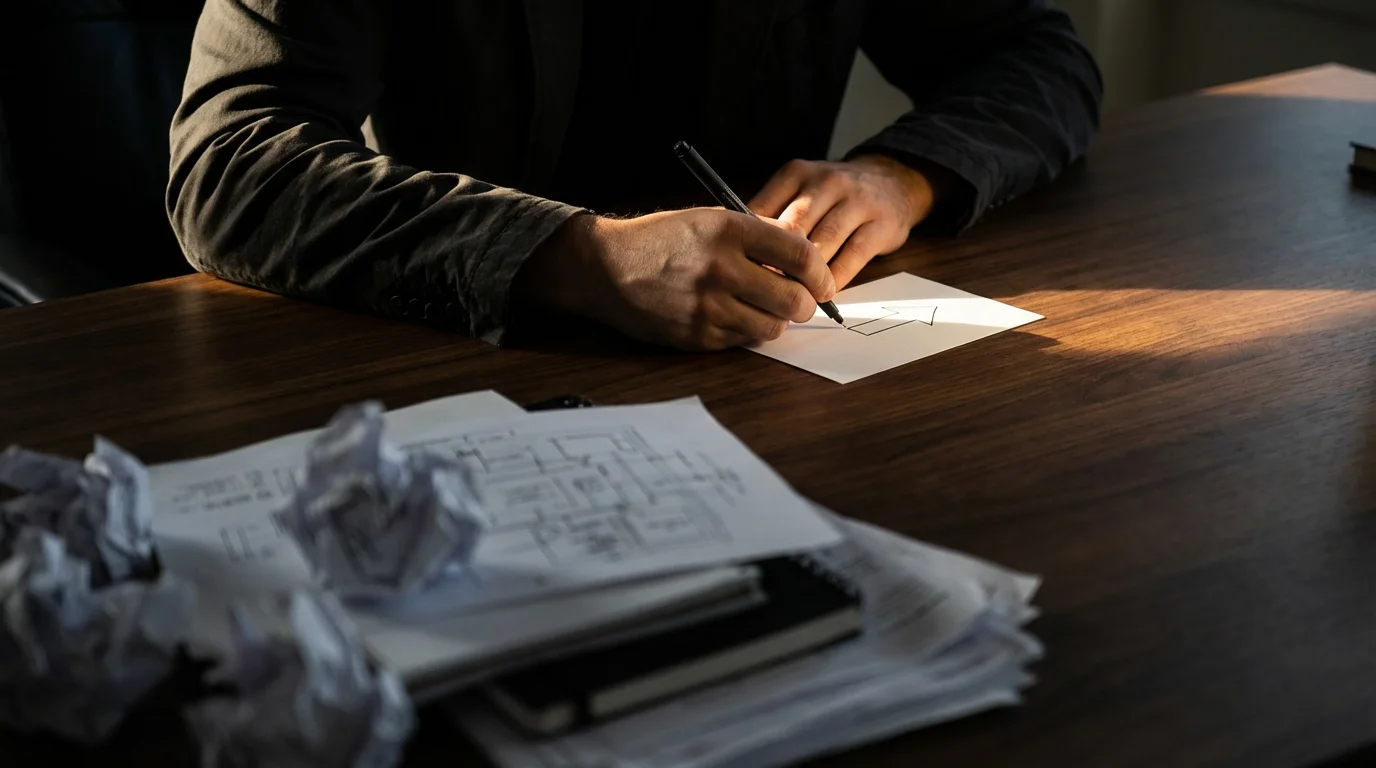 Hands focus on a small index card while large, complex project notes are left in shadow.