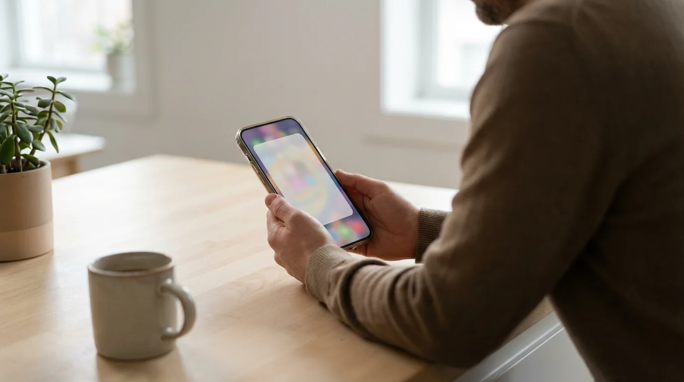 Hands holding a phone paused by a screen timer notification in soft morning light.