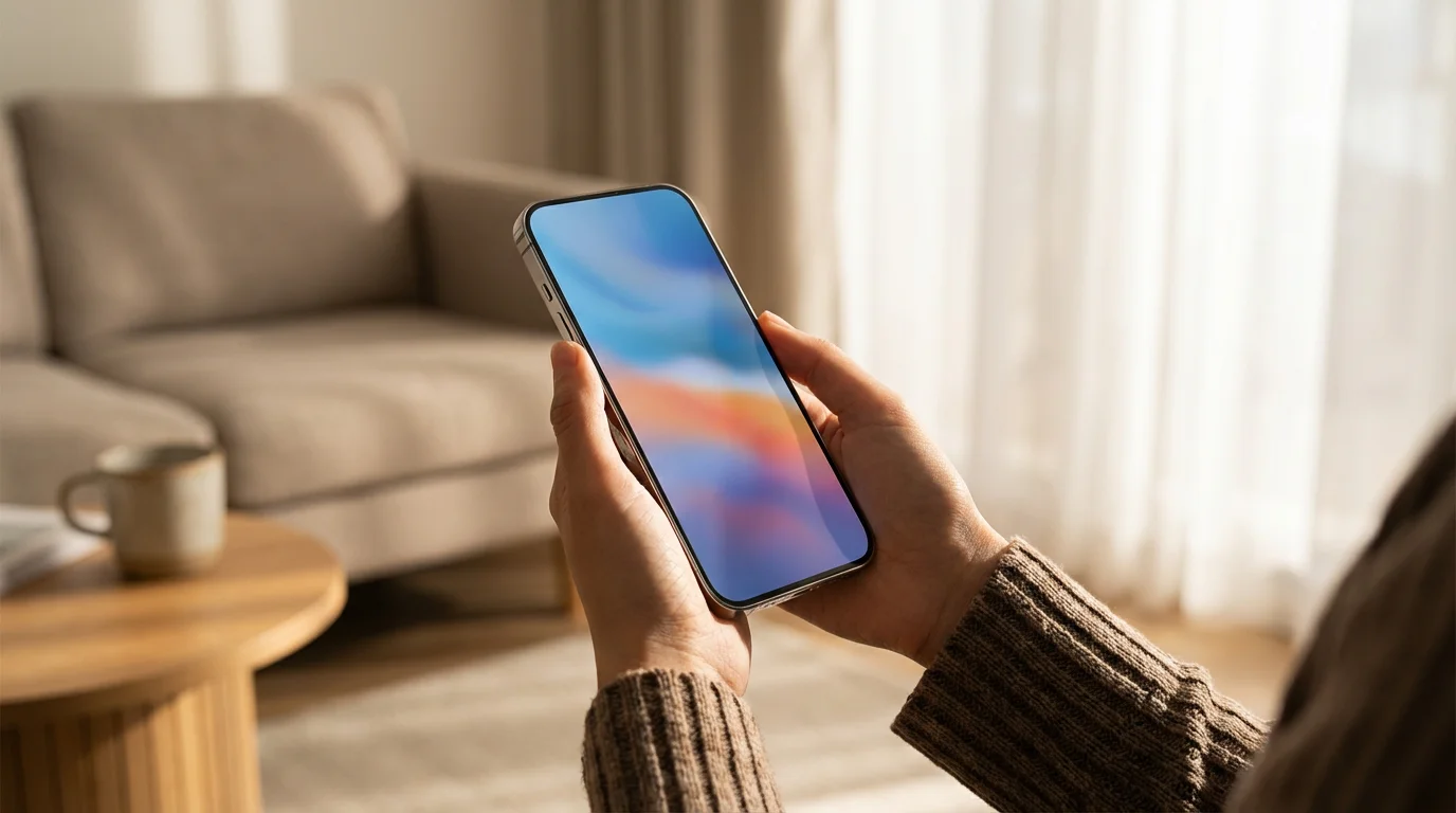 Hands holding a smartphone in a sunlit living room while auditing notification settings.