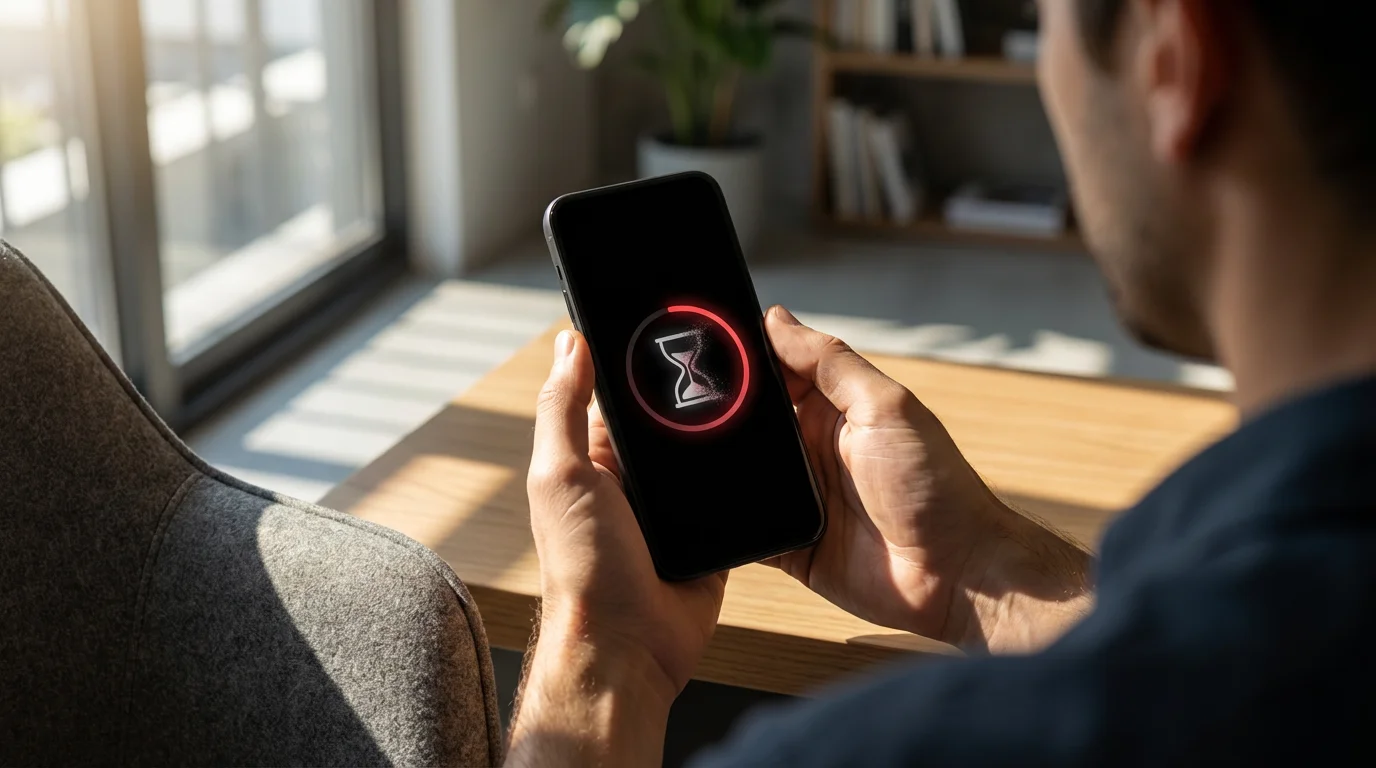 Hands holding a smartphone paused on an app timer limit screen under moody afternoon light.