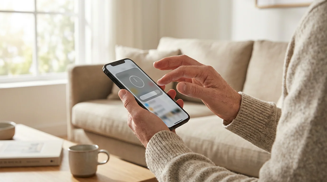 Hands holding a smartphone showing a screen time limit notification in soft morning light.