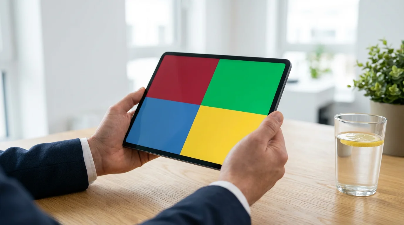 Hands holding a tablet displaying abstract color-coded quadrants in a bright modern workspace.