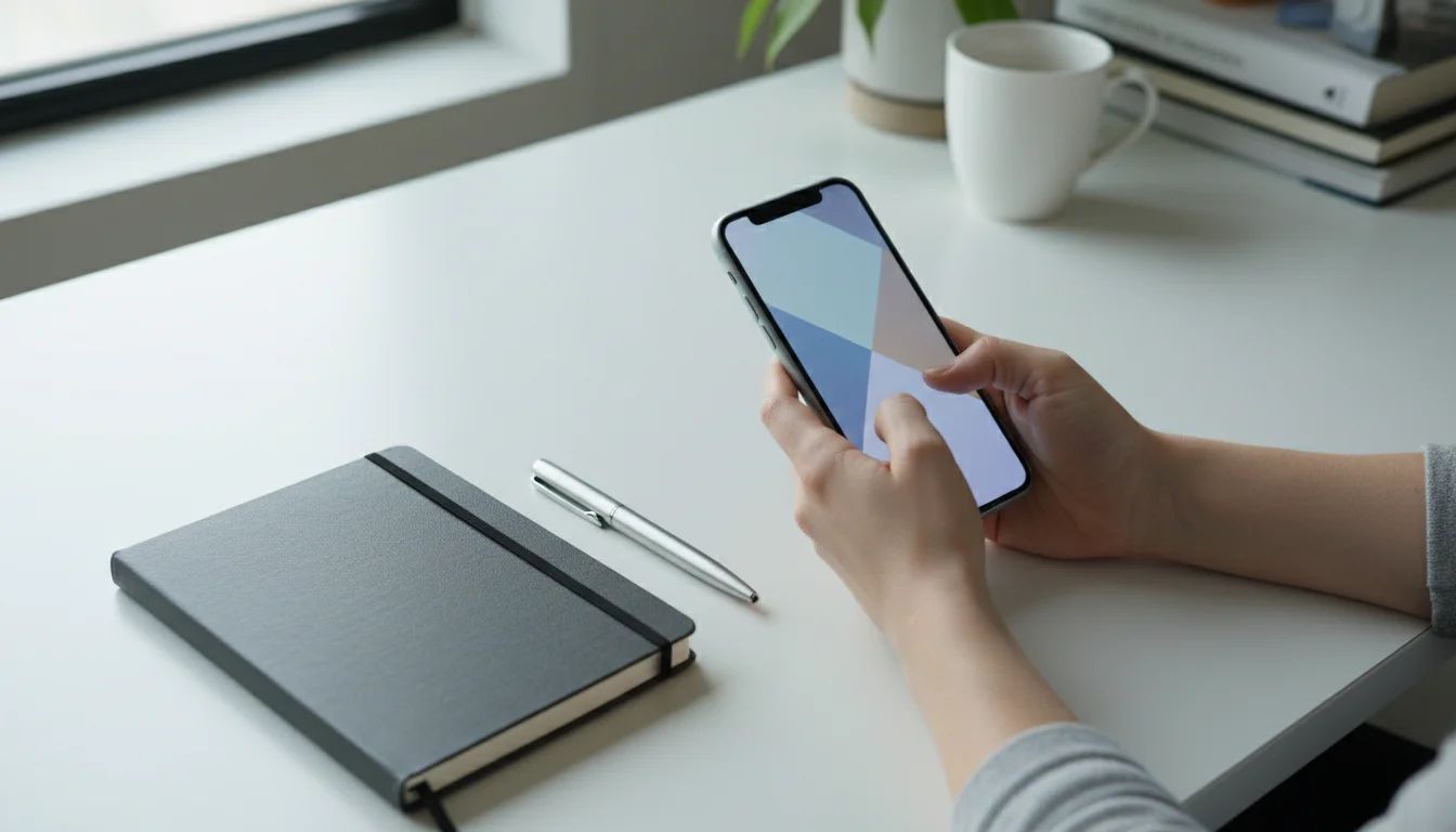 Hands holding a glowing smartphone over an organized desk with a notebook and pen.
