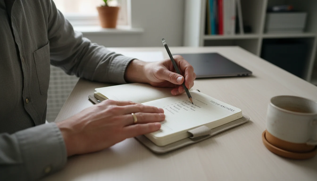 Hands holding a pencil over a productivity planner on a wooden desk, planning focus strategies.