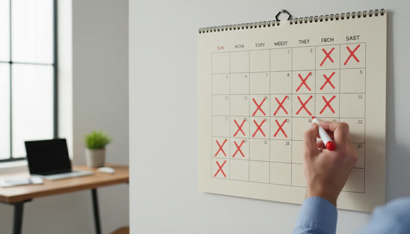 Hands holding a red marker above a wall calendar with an unbroken chain of red X's for daily tasks in a clean office.