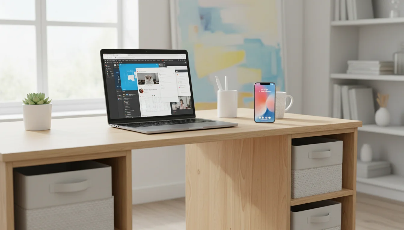 Hands hovering over a laptop keyboard at a modern, organized desk with multiple open tasks visible on screen, a lit-up phone notification, and an unfi