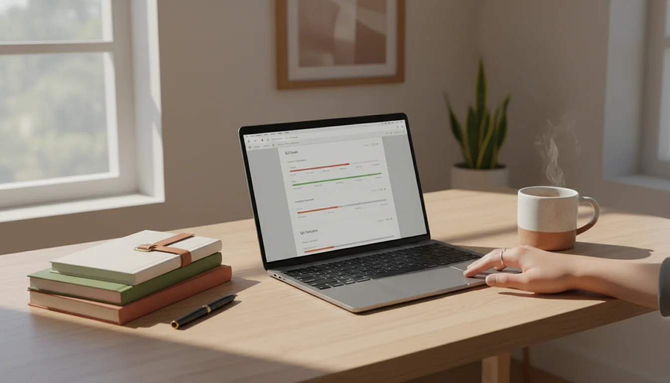 Hands intensely focused on a glowing smartphone screen on a meticulously organized wooden desk with a laptop and productivity tools.