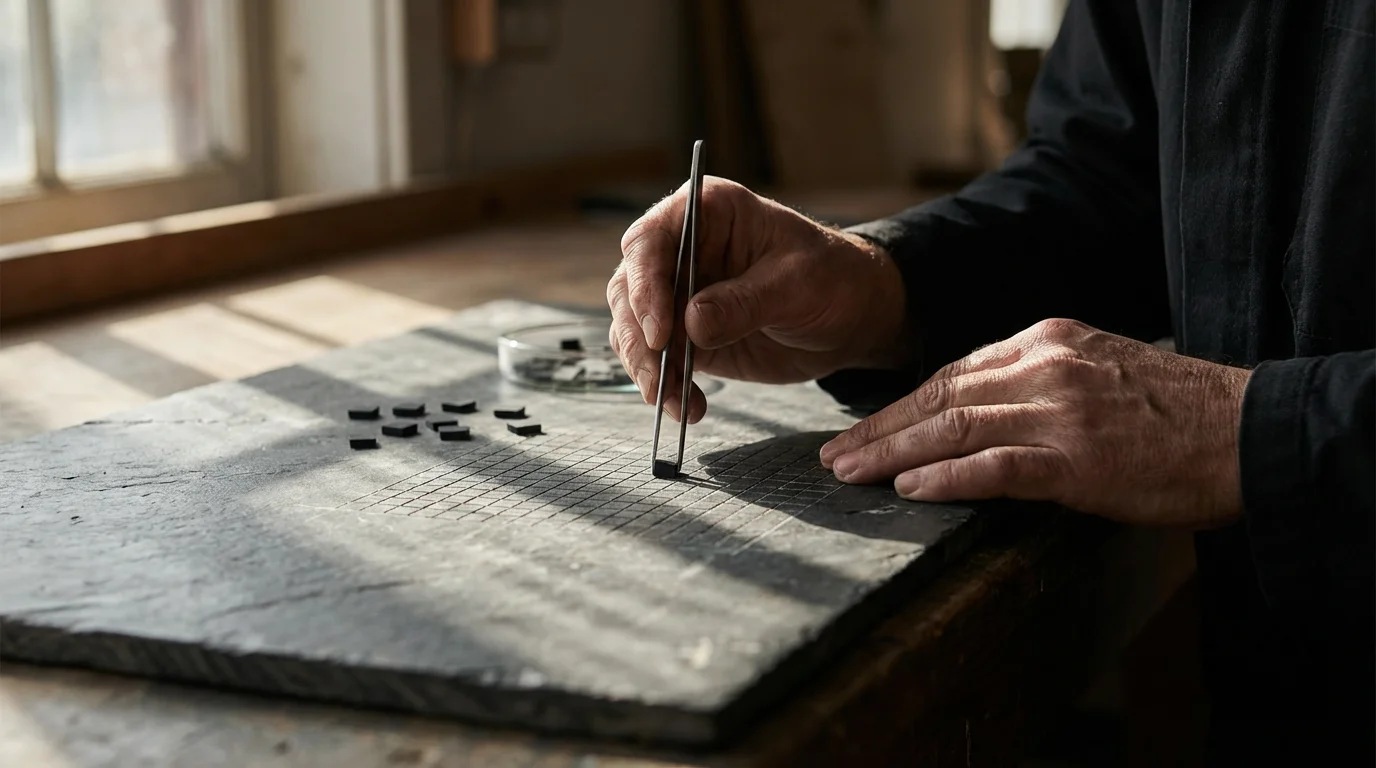 Hands meticulously placing a small black square block onto a subtle grid pattern under dramatic afternoon shadows.