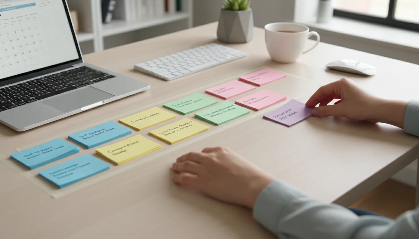 Hands meticulously sorting colored index cards with tasks like 'Draft Q3 Report' into distinct zones on a clean, bright desk, with an open laptop in t