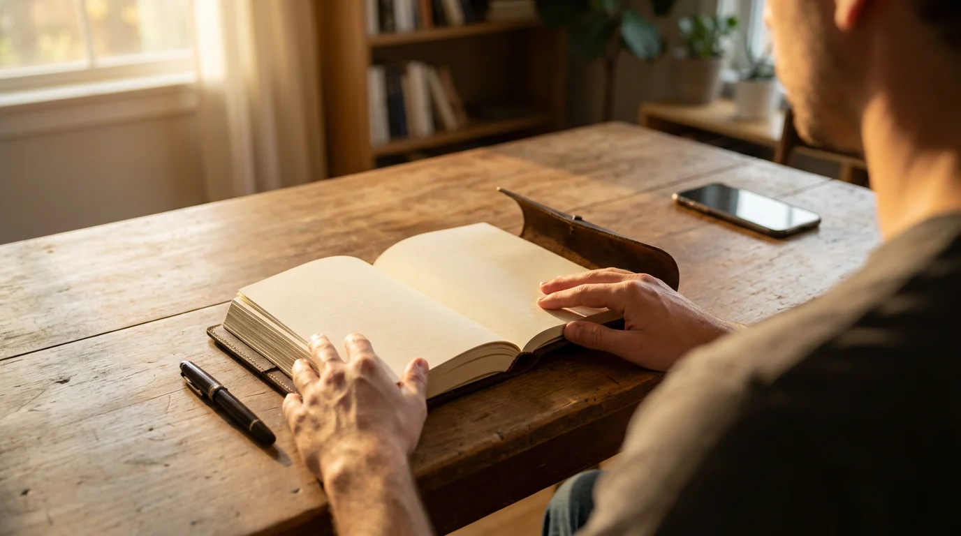 Hands opening a physical journal on a sunlit wooden desk in an over-the-shoulder shot.