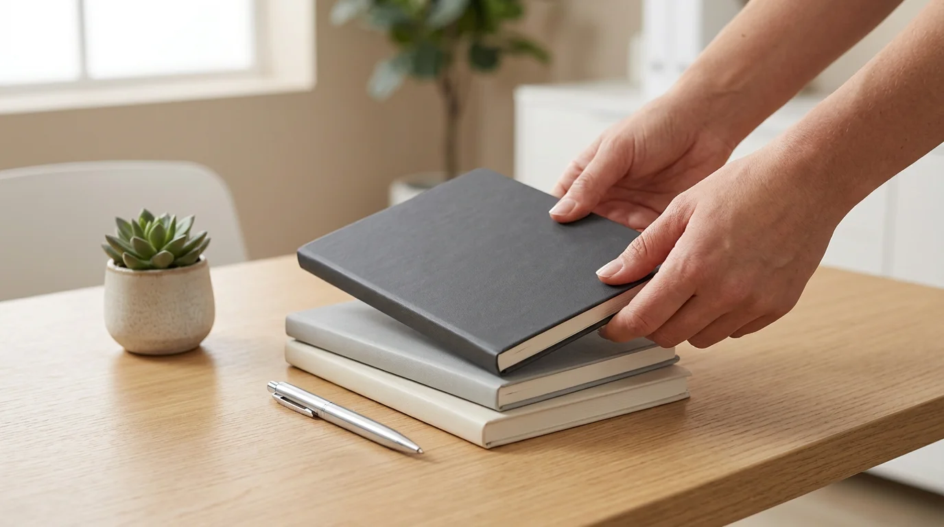 Hands organizing a stack of minimalist notebooks on a clean wooden desk.
