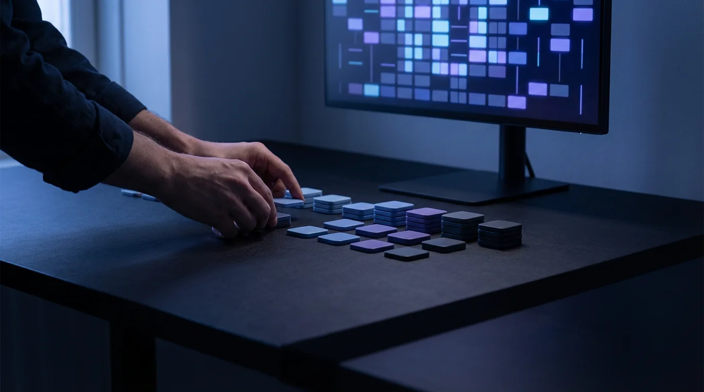 Hands organizing color-coded geometric tiles on a dark desk during blue hour, symbolizing communication batching.