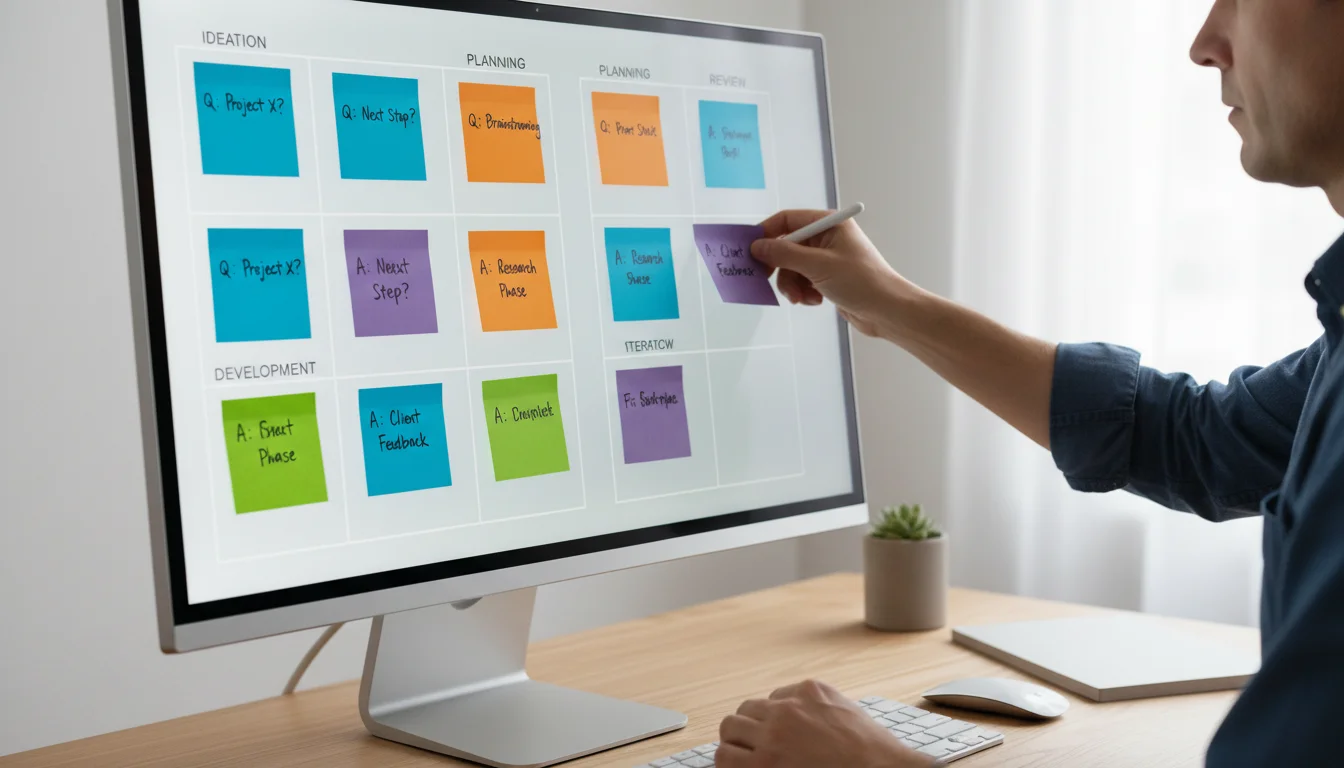 Hands organizing digital sticky notes on a monitor, categorizing productivity questions and answers.