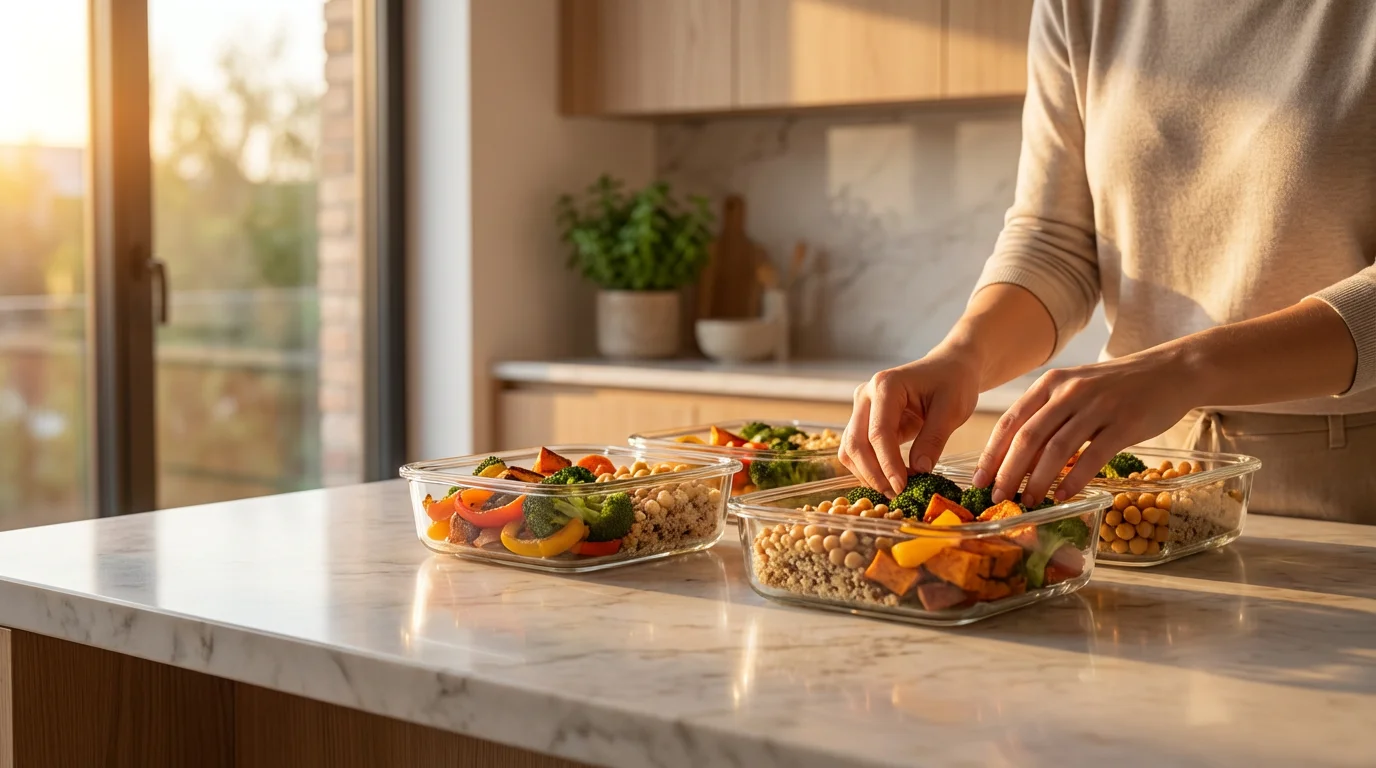 Hands organizing healthy food into glass containers in a sunlit kitchen during golden hour.