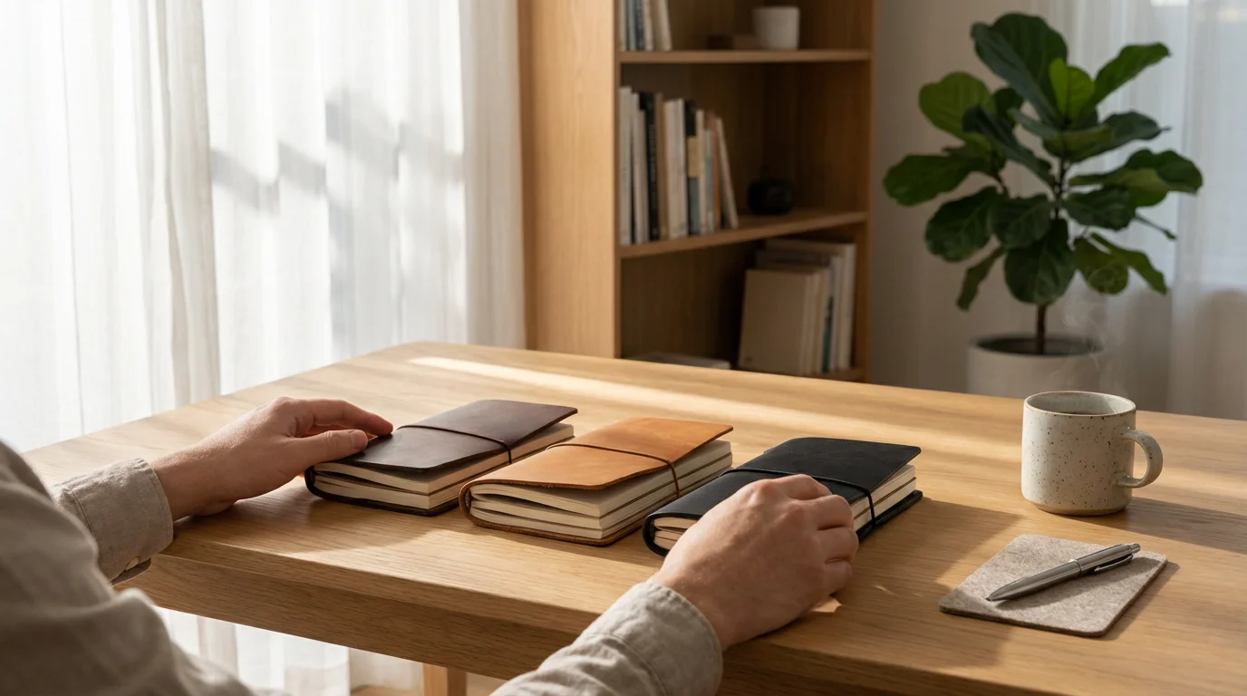 Hands organizing three notebooks on a sunny wooden desk symbolizing workflow pillars.