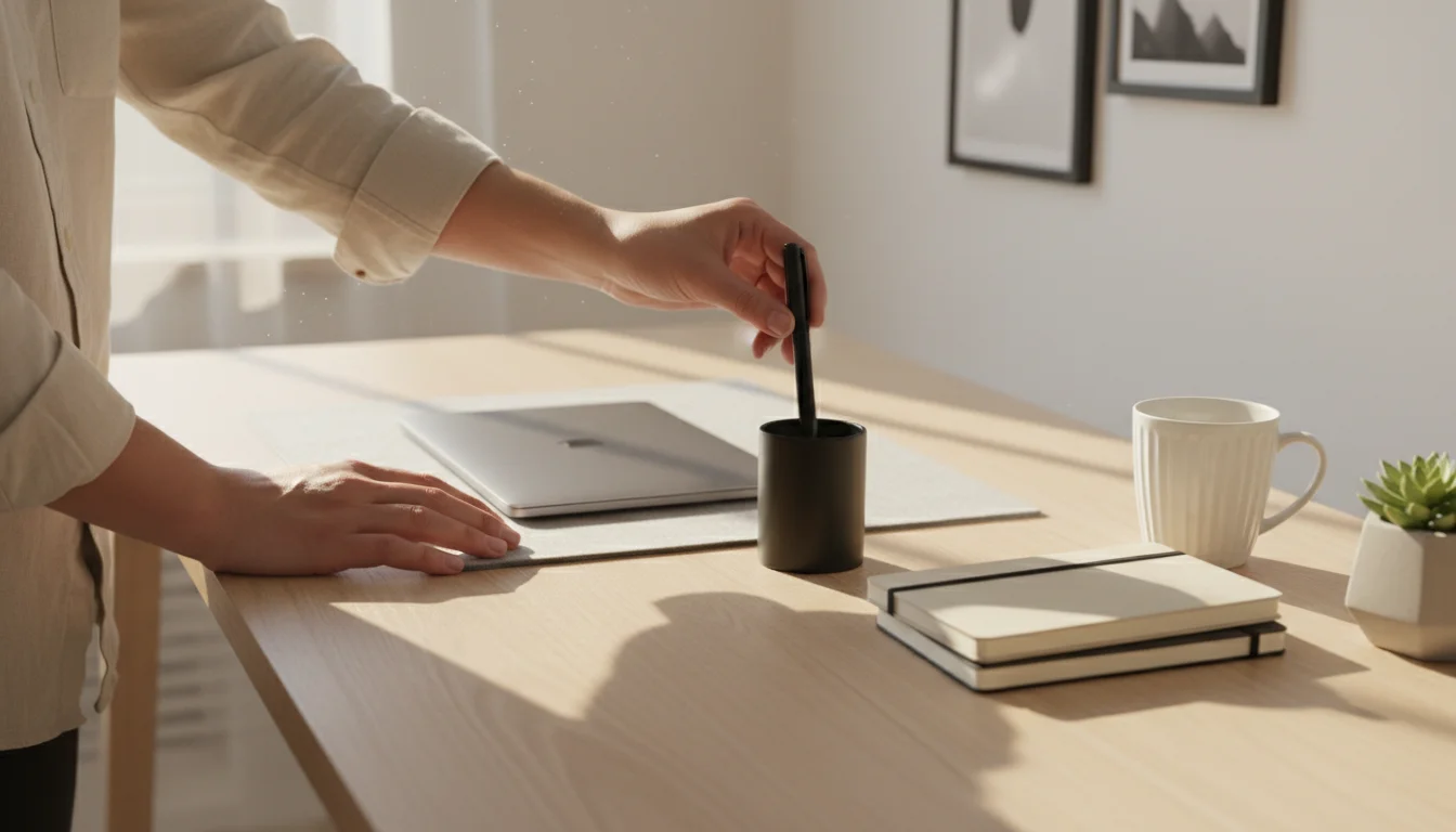 Hands place a single black pen into a holder on a minimalist light wood desk with a closed laptop in soft morning light.