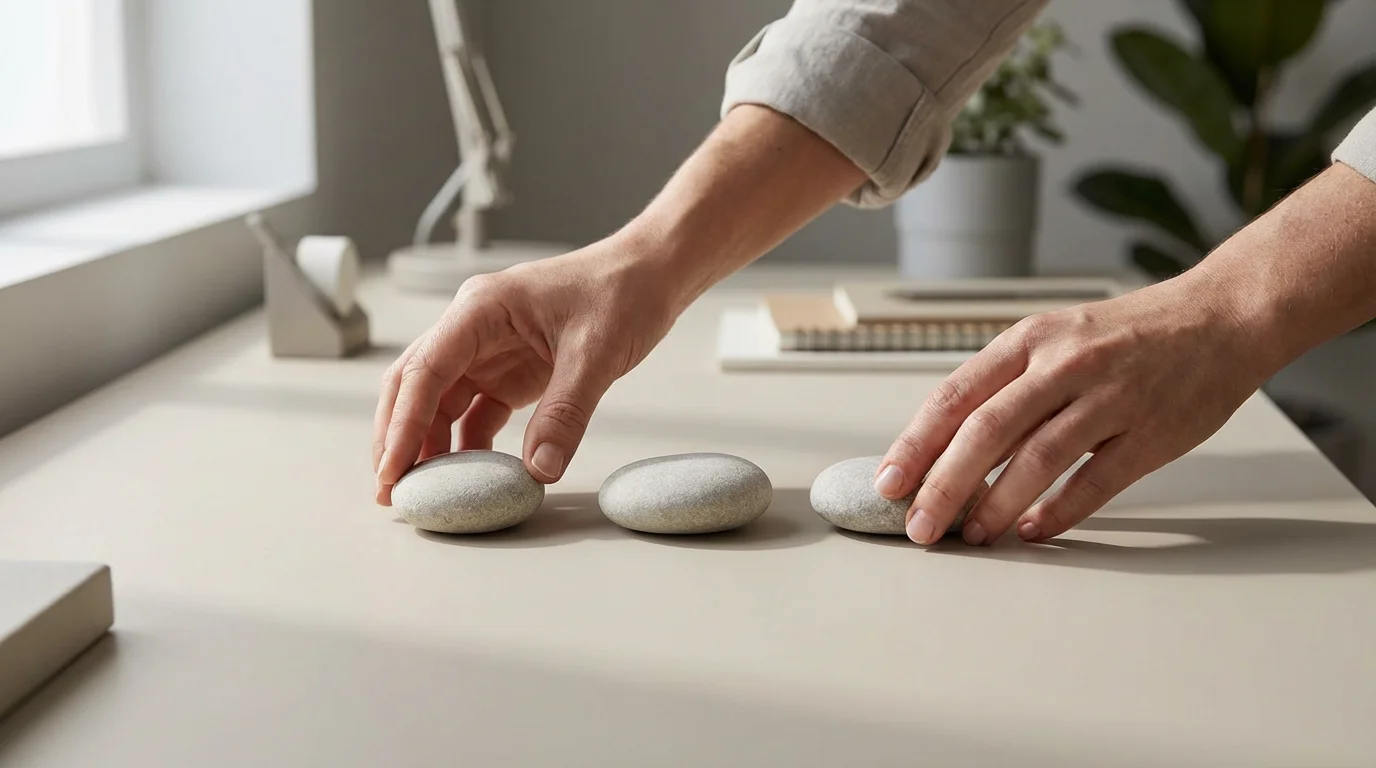 Hands placing three small ritual stones on a clean desk, symbolizing routine and structural consistency.