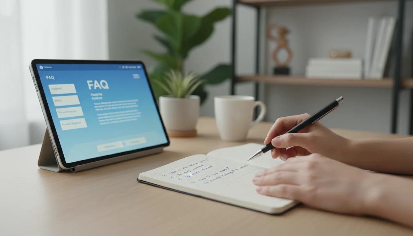 Hands poised with a pen over a notebook with Q&A bullet points, next to a tablet displaying a digital FAQ on a clean desk.