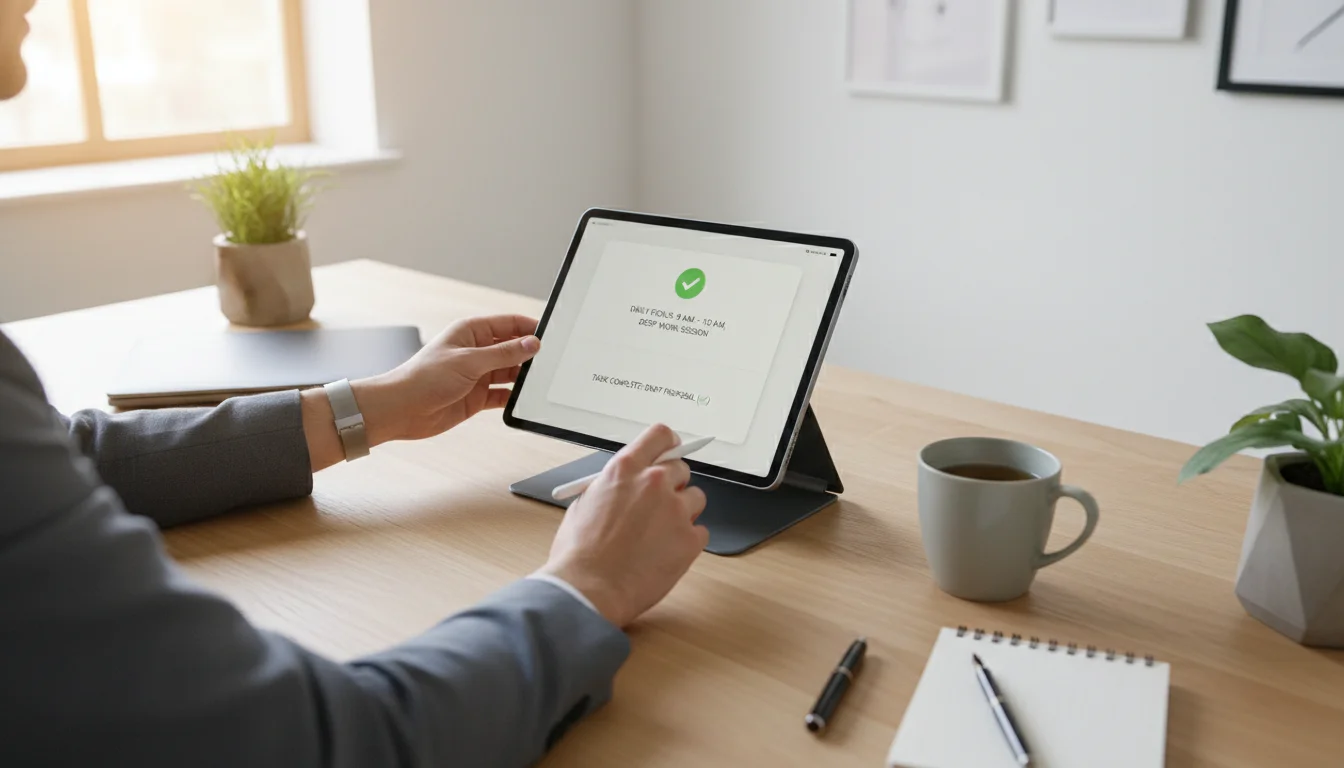 Hands poised to write in a habit tracker journal, next to a tablet displaying a digital reminder and a laptop screen showing a checkmark.