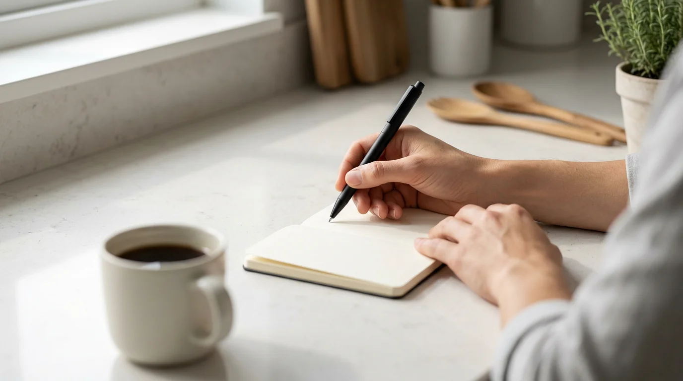 Hands preparing to write in a small notebook next to a coffee mug, demonstrating a linked, new habit.