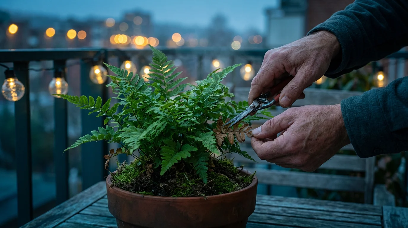 Hands pruning a withered leaf from a healthy green plant during calm evening blue hour.