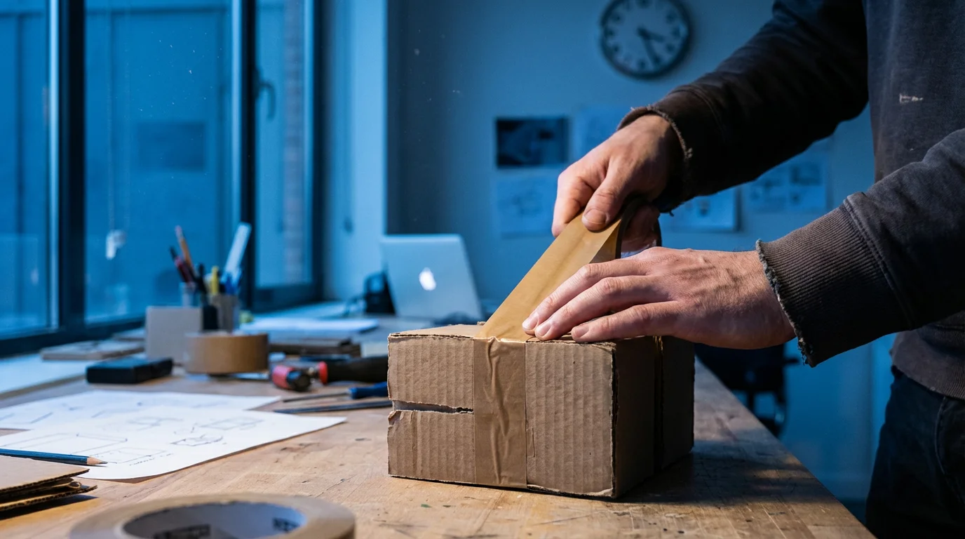 Hands quickly taping a rough cardboard prototype during blue hour, symbolizing progress over perfection.